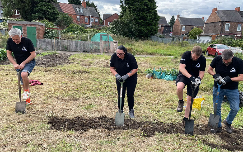 Four people working with shovels in outdoor space.