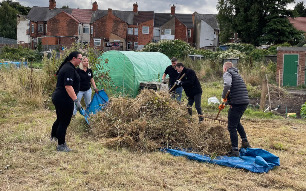 Group of people raking hay on allotment space.