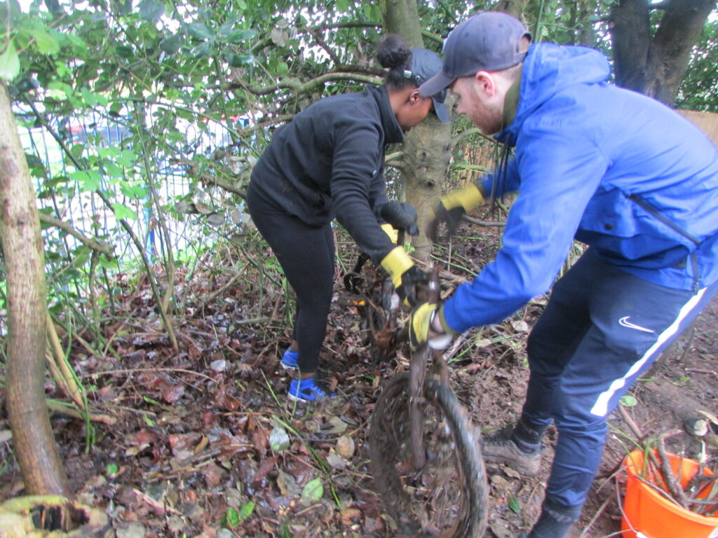 Photo of volunteer workers at the Annie Lennard Primary School, retrieving an old bicycle from a hedge.