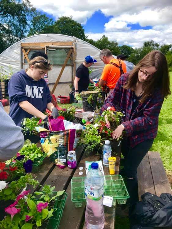Volunteers repotting plants outside a polytunnel