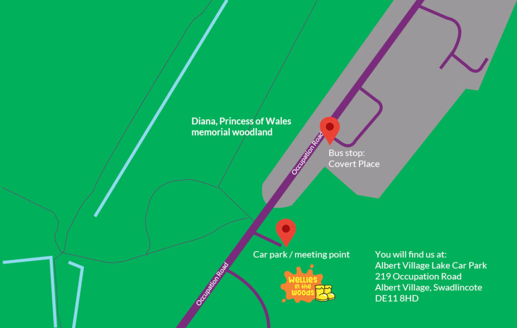Map in green, grey and purple with instructions and white text