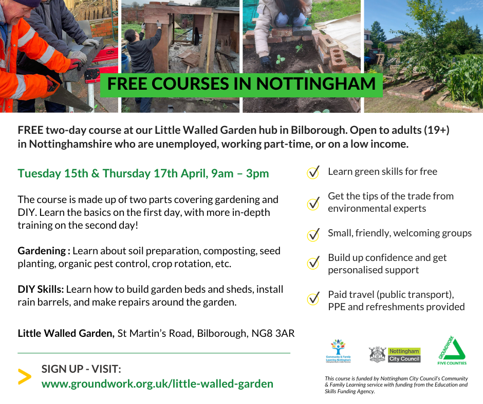 Graphic with four small photos and green header 'free courses in Nottingham'. White background with black text describing course information for 15 and 17 April.