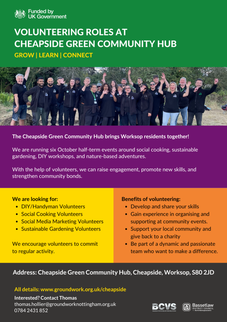 Multicolour poster with information about becoming a volunteer at the Cheapside Green Community Hub.