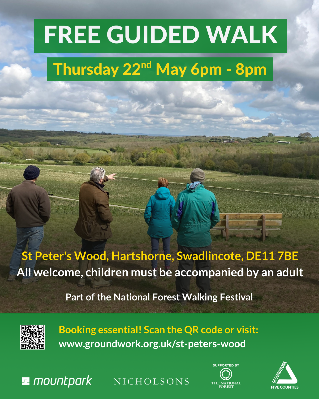 Poster with photo of people looking at view of woodland. Green banner with text "Free guided walk Thursday 22nd May 6pm - 8pm" below more information and white logos.