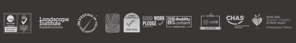 Logos- Landscape Institute, Investing in volunteering, cyber essential, Good work pledge, disability confident, CHAS, North East Better health at work award