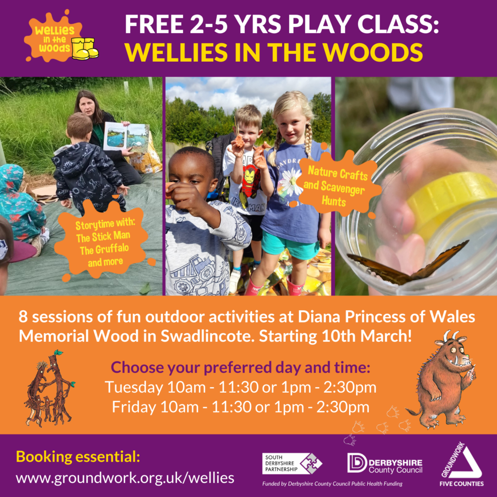 Square graphic in purple and orange with three photos and text about play sessions for children.